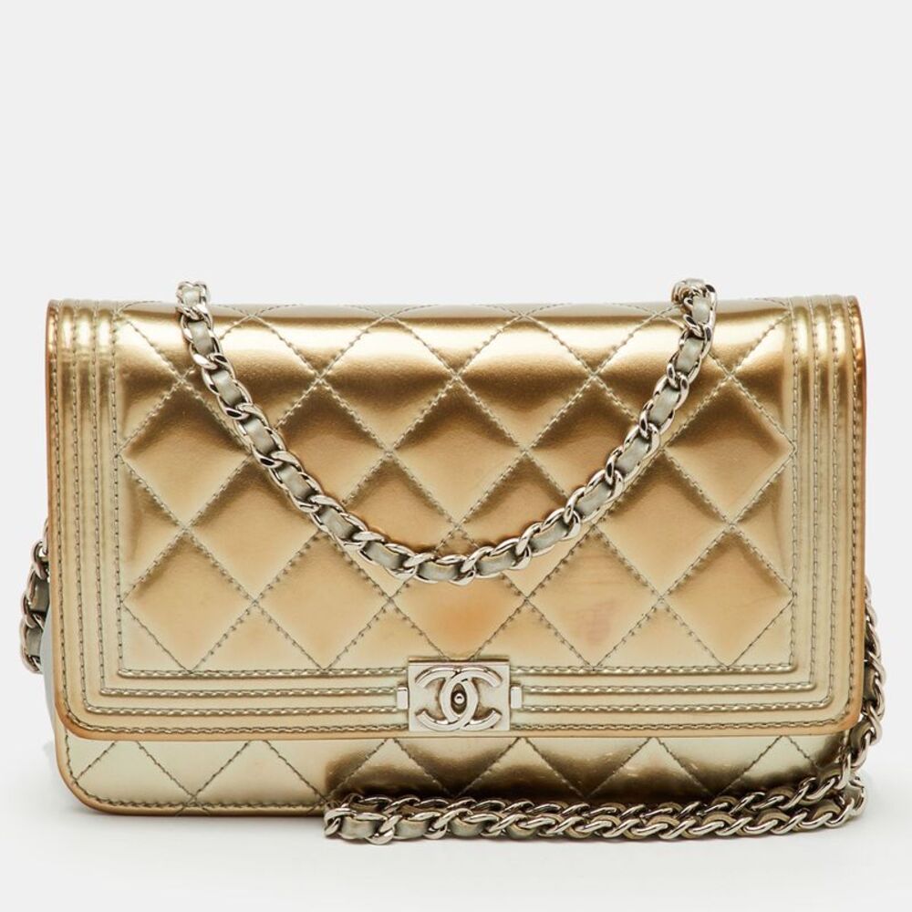 Chanel Metallic Grey Quilted Patent Leather Classic Boy Woc Bag
